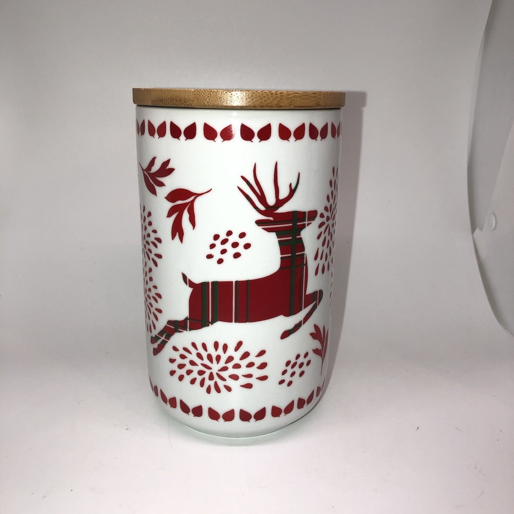 The Bake Shop By Master Class Canister Deer Plaid Christmas Holidays Wood Lid